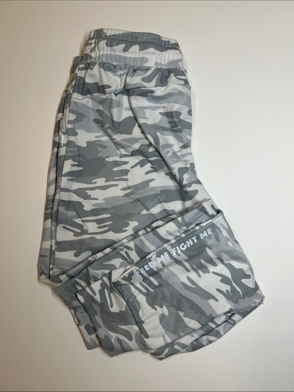 Feed Me Fight Me FMFM Grey White Camo Women’s Gym Lifting Joggers